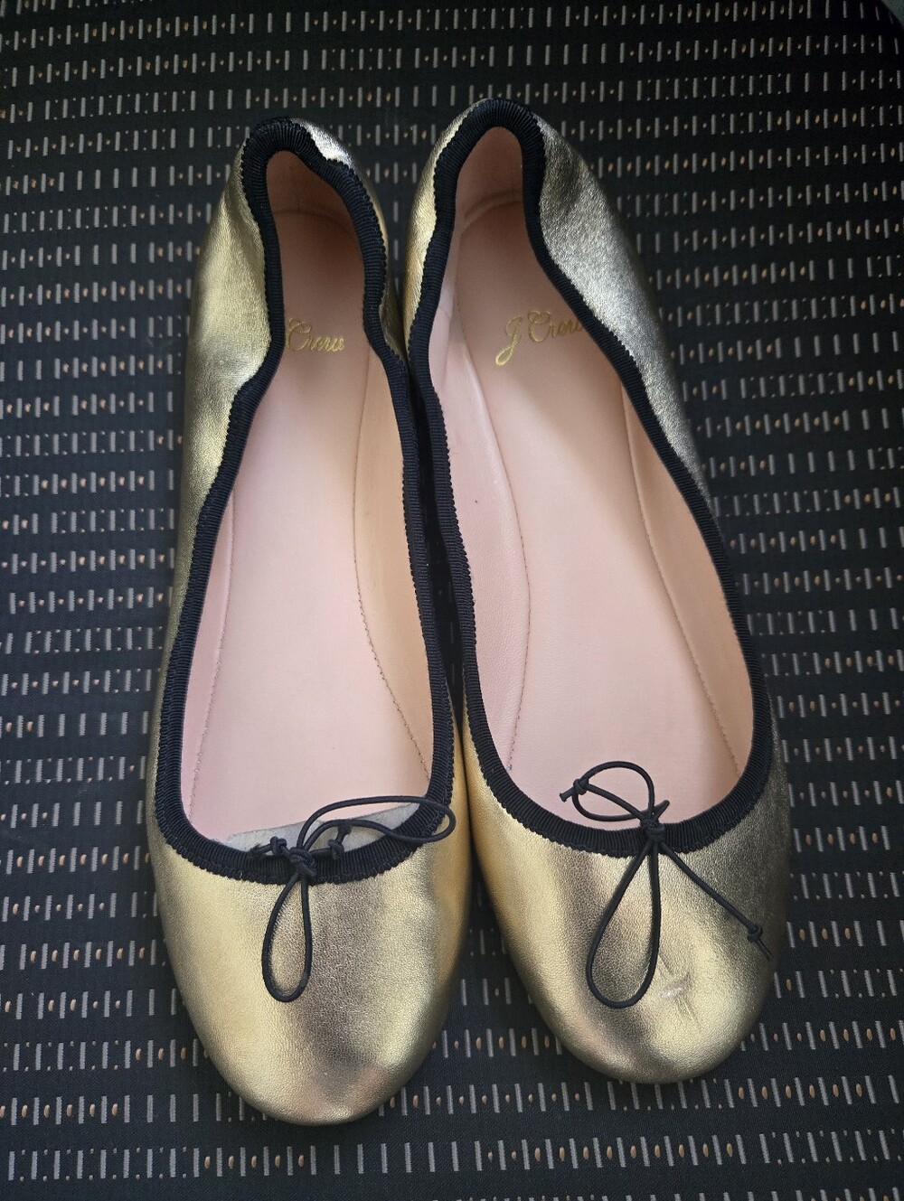 J. Crew Metallic Gold Ballet Flats with Black Trim